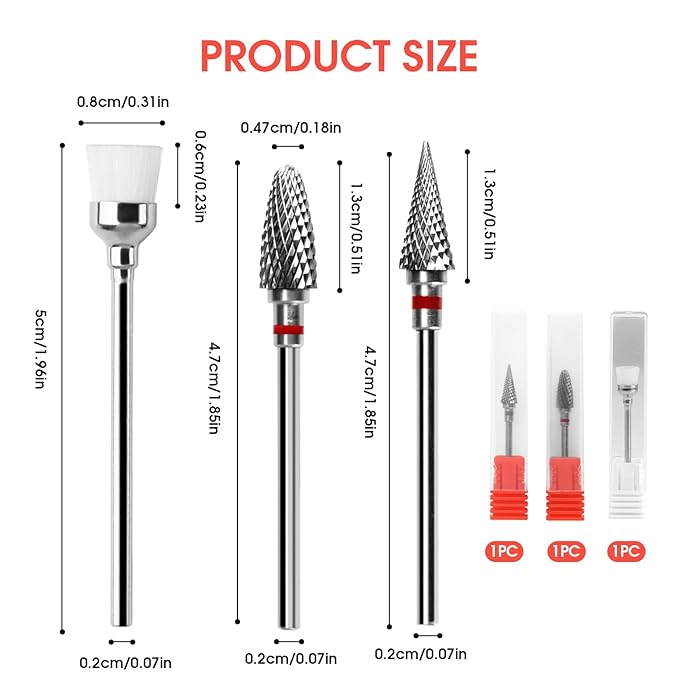 3 Pack Professional Carbide Nail Drill Bits Set with Cleaning Brush, 3/32" 5 in 1 Tungsten Safety Cuticle Bits for Manicure Pedicure Gel Polish Removal (Fine Teeth, Round & Pointed Head)