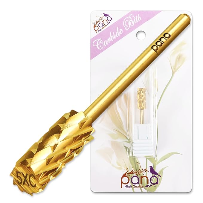 USA PANA Professional 3/32" Shank Size - Flat Top Small Barrel Carbide Bit - 5X Coarse Grit to Extra Fine Grit - Gold, Silver, DLC Black - Nail Drill Bit for Dremel Machine (5X Coarse, Gold)