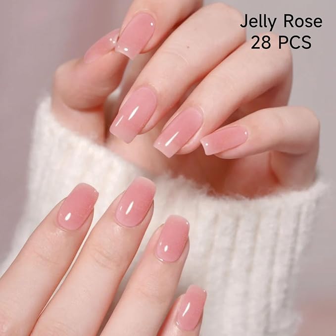 Semi Cured Gel Nails Strips - 28 pcs UV Gel Nail Stickers for Women Work with Any UV Lamp, Long Lasting Nail Wraps for Home DIY Nails Art (Jelly Rose)