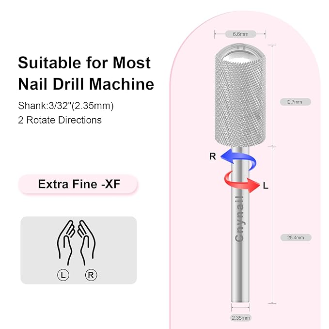 3/32" Large Barrel Smooth Round Top Tungsten Carbide Nail Drill Bit Safety Bit for Gel & Acrylic Removal, 2-Way Rotating Efile Tip, Salon Electric File Accessory (XF Grit, Silver)