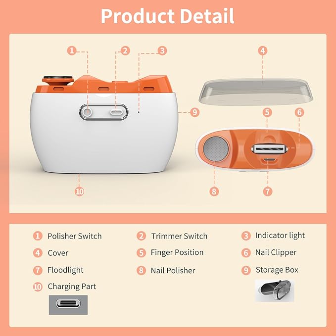 2025 Upgraded 3-in-1 Electric Nail Clipper & Polisher – Automatic Nail Trimmer with LED Light, 2-Speed, USB Rechargeable, Clip Storage, Safe for Baby & Seniors（Orange）