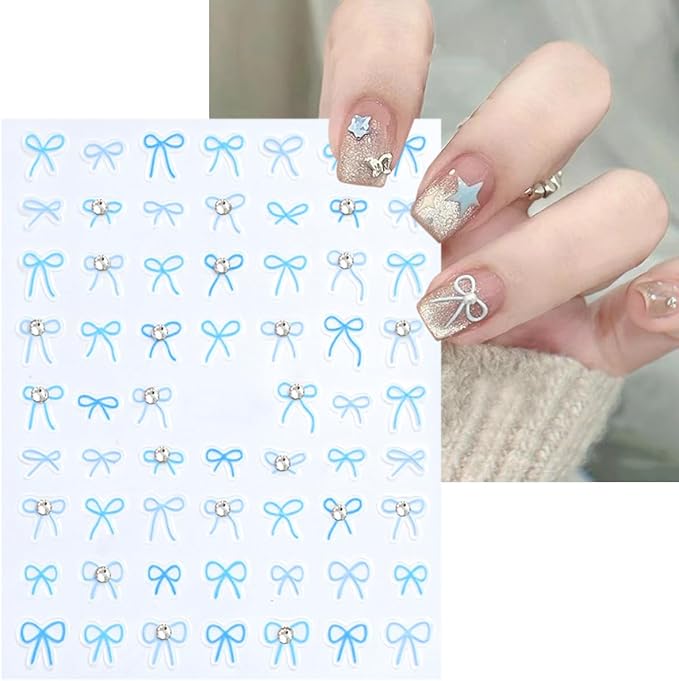 4 Sheets Bow Nail Stickers for Nail Art 5D Self-Adhesive Bow-Knot Nail Decoration Pink Blue Bows Nail Art Stickers with Crystal Diamond Embossed Rhinestones Nail Decals for Women Girls Nail Design