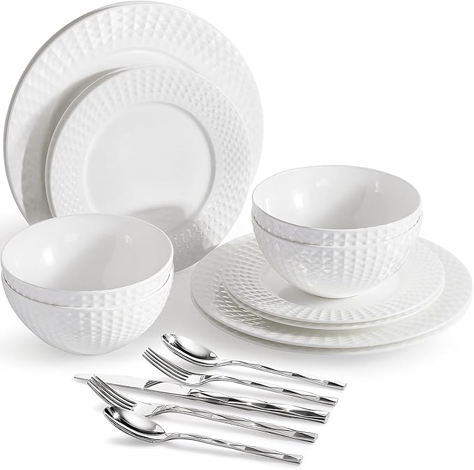32Pc Bone China Dinnerware & Silverware Set, by KINGSTONE