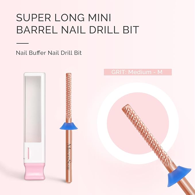 MelodySusie Super Long Mini Barrel Nail Buffer Bit, Professional Safety Carbide Nail Bit for Nail Bed File Cuticle Dead Skin Cleaning Nail Prepare, Two Way Rotate, Manicure Salon Supply, Rose Gold, M