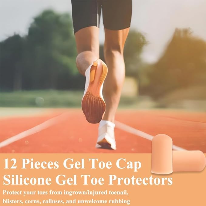 12 Pack Gel Toe Caps and Protectors, Silicone Toe Protectors for Missing or Ingrown Toenails Toe Caps and Sleeves for Shoes Protect Toe from Rubbing and Friction (Large, Beige)