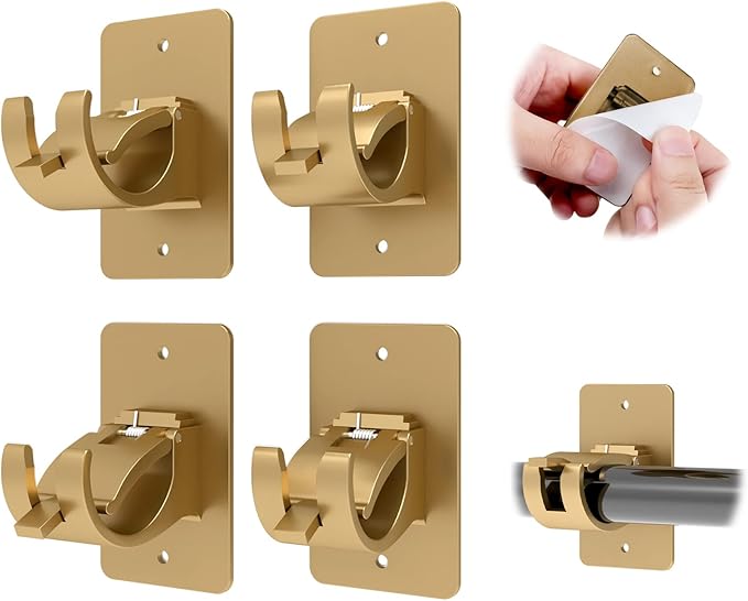 CIEMGNZOC 4PCS No Drill Curtain Rod Brackets, Gold Plastic, Self-Adhesive & Screw Mount, Holds Up To 20 Pounds, Suitable For Rods Up To 1.57 Inch Diameter