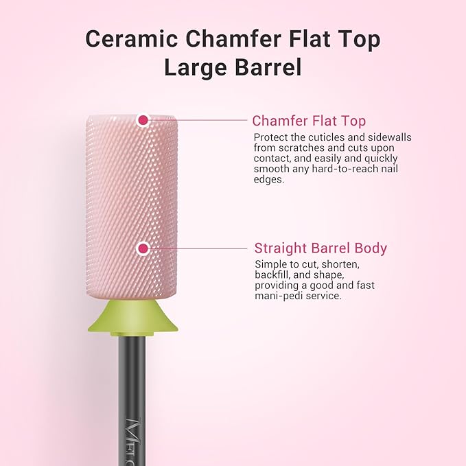 MelodySusie Ceramic Nail Drill Bits, 3/32'' Chamfer Flat Top Large Barrel Bits, Fast Remove Acrylic or Hard Gel, Nail Tool for Manicure Pedicure, Salon Home, Professional or Beginner, Pink, Extra Fine
