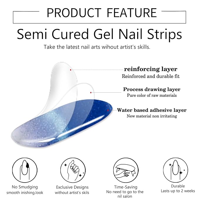 WOKOTO 1 Sheet Semi Cured Gel Nail Strips With Wood Stick, Nail File & Prepared Pads, 20 Tips Cat Eye French Semi Cured Nail Polish Strips, Harden With UV Light Gel Nail Wraps Stickers For Women