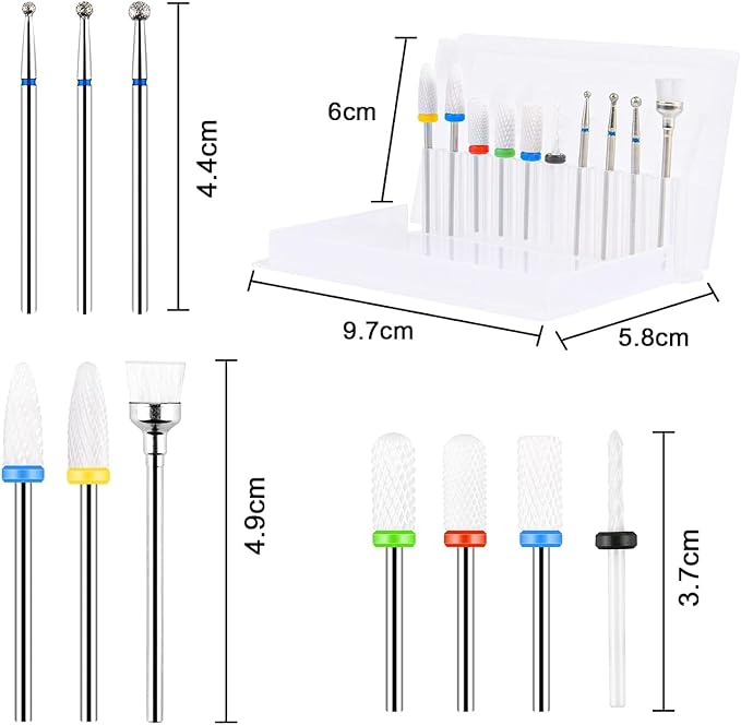 URAQT Ceramic Nail Drill Bits Sets, 10 pcs Electric Nail Drill Bits Kit 3/32", Professional Cuticle Polishing Bits for Acrylic Gel Nails, Electric Nail Files Manicure Pedicure Drill Tool