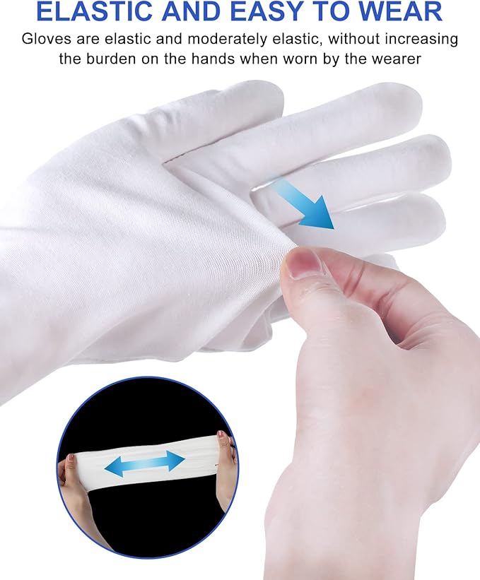 12 Pairs of White Cotton Gloves-Breathable and Comfortable Eczema Gloves, Moisturizing Spa Gloves，Jewelry Inspection Gloves，Suitable for Housework, Driving, Archives, Artwork Processing