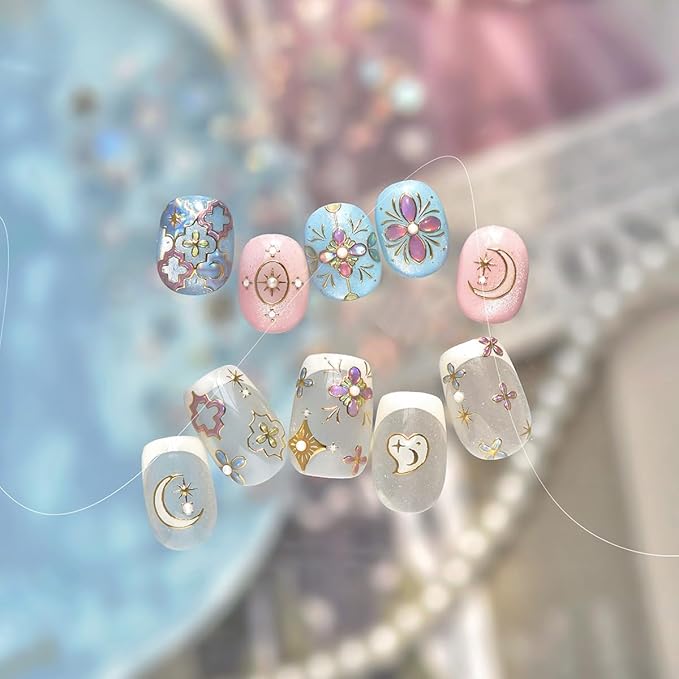 1 Sheets Bohemian Nail Art Stickers Decals 5D Embossed Holographic Glitter Moon Heart Nail Decals with Pearl Bohemian Design Flower Nail Stickers Moon Star Stickers for Nails Supplies Decoration