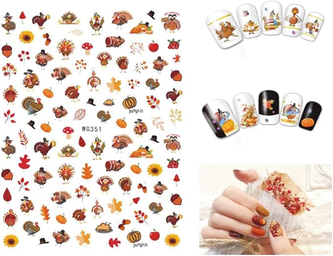 3D Thanksgiving Nail Art Stickers 6 Sheets Autumn Fall Nail Art Accessories Decals Self-Adhesive Maple Leaf Pumpkin Turkey Designs Sticker for Women Nail Arts DIY Nail Decorations Halloween Party