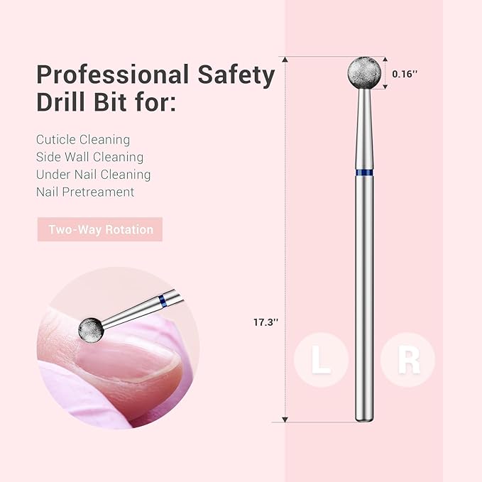 MelodySusie 4mm Ball Shape Cuticle Clean Nail Drill Bit 3/32'', Professional Safety Carbide Diamond Under Nail Cleaner for Cuticle Dead Skin Nail Prepare, Beginners Bits, Series Bit-S, Medium
