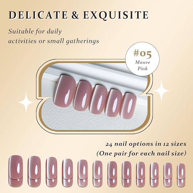 Mauve Pink Cat Eye Press on Nails Medium Square, Medium Square Press Glue on Nails Chrome for Women Gift, Mauve Holographic Glitter Glossy Reusable Gel Acrylic Fake Nail with Designs Cateye Effect