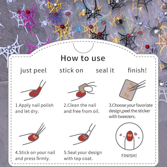 5 Sheets Halloween Nail Stickers for Nail Art, 5D Embossed Diamond Self-Adhesive Colorful Spider Web Nail Decals, Ghost Nail Supplies Design Accessories for Women and Girls Manicure DIY Decoration