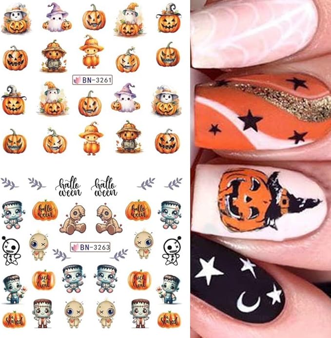 Halloween Pumpkin Nail Art Stickers Decals, 12Pcs Cute Ghost Skeleton Bat Pattern Water Transfer Nail Foils Decals for Halloween Nail Art Decoration Watermark Acrylic Stickers for Manicure DIY Supply