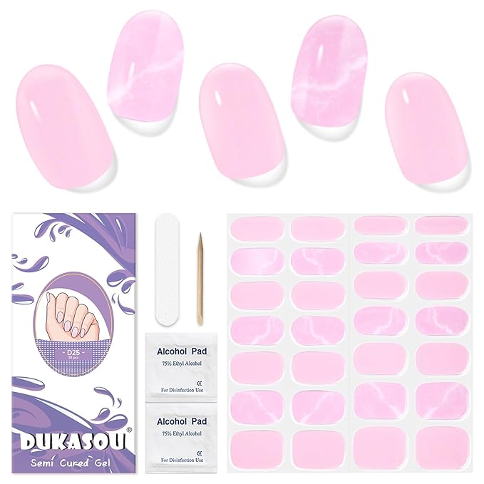 Semi Cured Gel Nail Strips, 28 pcs Gel Nail Stickers Work with Any UV Lights, Long-Lasting Nail Wraps, Stick on Nails for women Easy to Apply & Remove