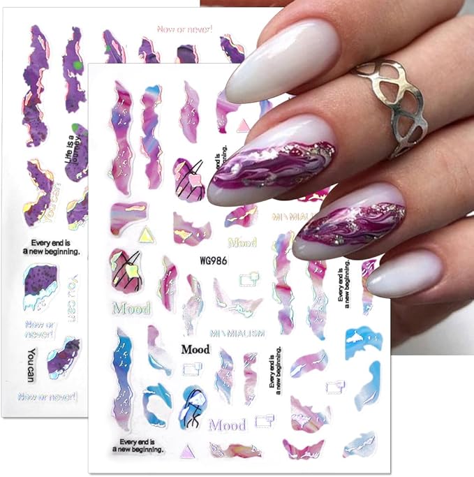6 Color Marble Nail Art Stickers - Women's 3D Bronzing Silver & Watercolor Blooming Decals - Self Adhesive Foil Nail Designs