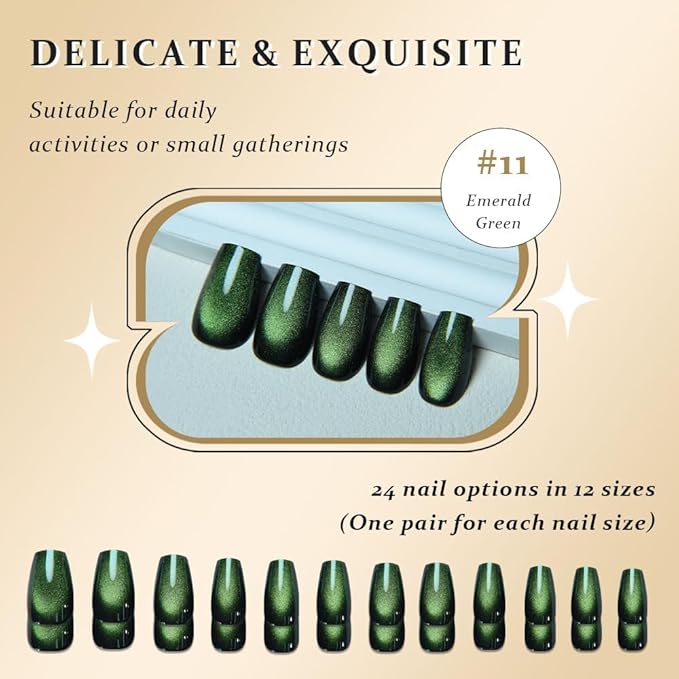 evpct Emerald Green Cat Eye Coffin Press on Nails Square Medium, Medium Square Glue on Nail for Women Gift, Green Metallic Glitter Glossy Reusable Soft Gel Press on Acrylic Fake Nail with Designs