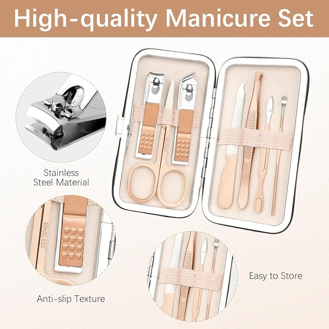 Manicure Set, Nail Clipper Set Stainless Steel Nail Clipper Kit 7 in 1 Manicure Kit Grooming Kit Nail Clippers Fingernail Toenail Clippers Pedicure Kit for Men Women Boyfriend Husband Travel Rose Gold