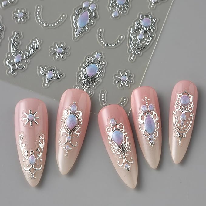4Pcs 5D Embossed Gemstone Nail Stickers Gold Silver Nail Art Stickers Decals with Gold Mace Design Colorful Rhinestones Nail Stickers for Nail Art Mace Style Nail Decoration for Women Nails Supplies