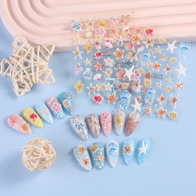 Ocean Life 5D Embossed Nail Art Stickers Decals, 5 Sheets Starfish Seashell Jellyfish Hibiscus Flowers Self Adhesive Nail Decals Summer Sea Theme Nail Supplies for Women Girls DIY Manicure Decor