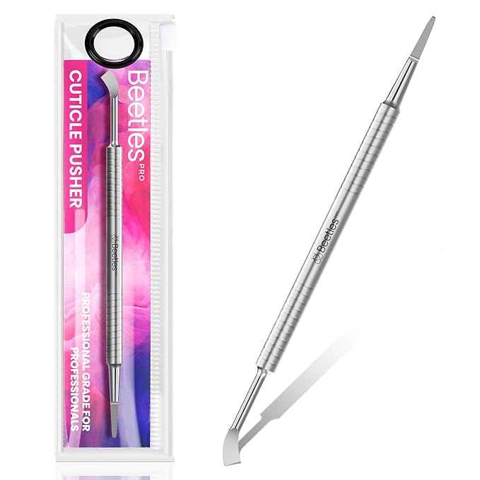 Beetles Dual-End Nail Pusher & Cuticle Cleaner - 14mm Serrated Edge & 5mm Curved Blade, Ergonomic Anti-Slip Handle, Professional Manicure Tool for Nail Care