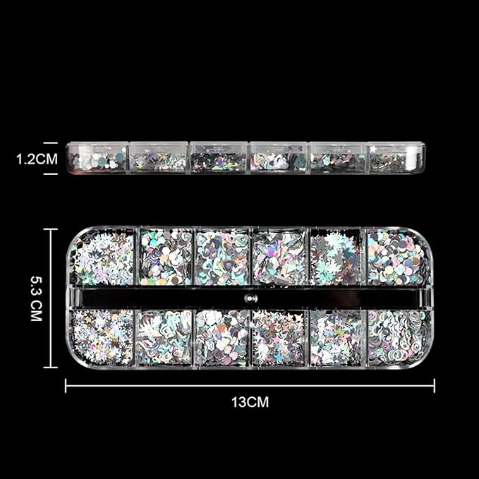Vezocim Silver Glitter Nail Flakes Holographic 3D Glitters Sequins Decorations, Heart Circle Letters Butterfly Design Supplies DIY Sparkly Resin Nail Art Tips
