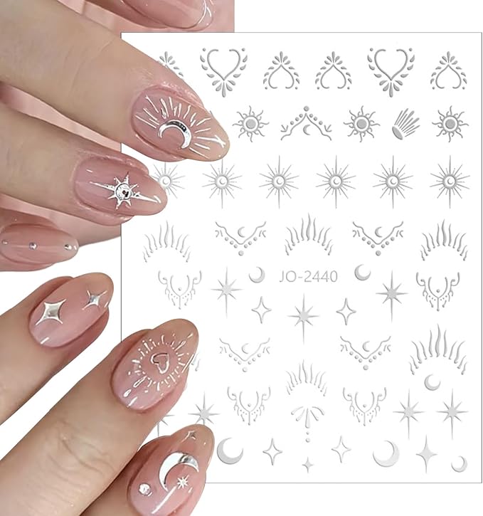 8 Sheets Laser Sliver Sun Moon Star Nail Art Stickers 3D Self-Adhesive Silver Stars Heart Nail Stickers Silver Metallic Hollow Heart Moon Star Design Nail Decals for Women Girls Nail Decorations