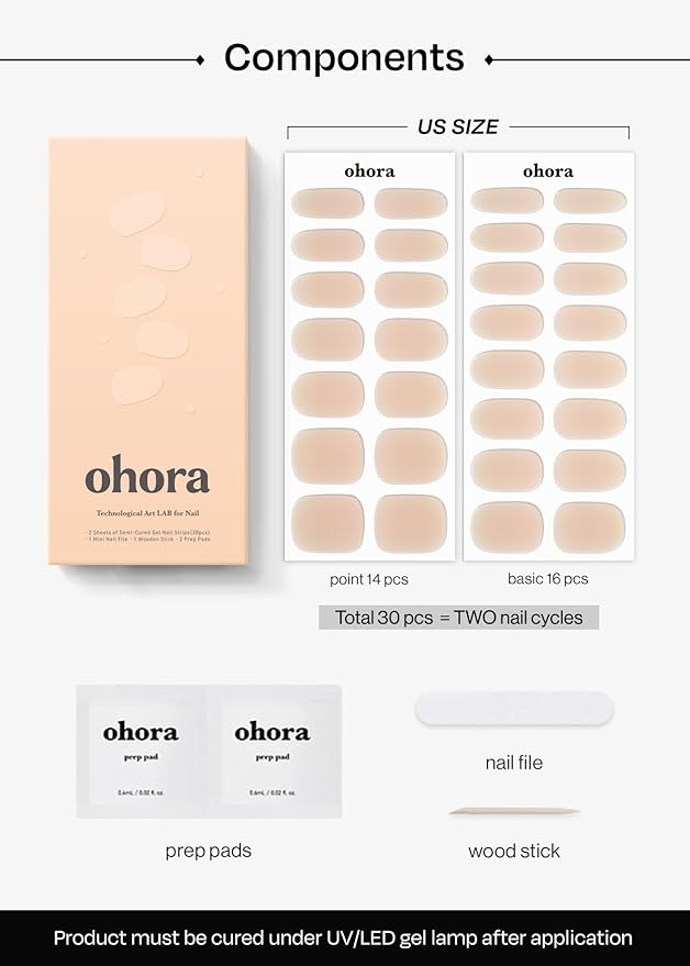 ohora Semi Cured Gel Nail Strips (N Bare Milk Tea) - Works with Any Lamps, Salon-Quality, Long Lasting, Easy to Apply & Remove - Includes 2 Prep Pads, Nail File & Wooden Stick