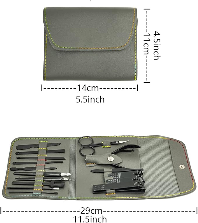 Nail Clipper Set, 16PCS Manicure Set Fingernail Clippers Kit Black Stainless Steel Pedicure and Manicure Kit with Grey PU Leather Case