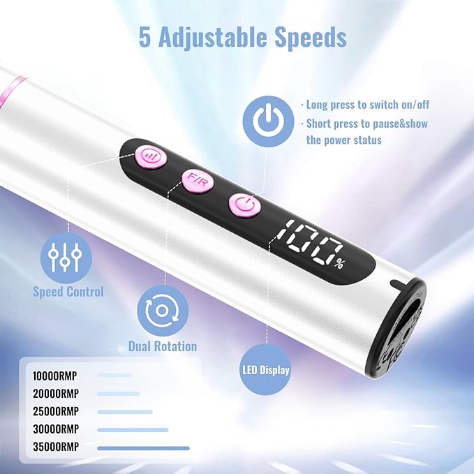 Cordless Electric Nail Drill File: 35000RPM Professional Nail Drill Machine with UV LED Nail Lamp Charging Base, Manicure Pedicure Kit E File for Acrylic Gel Dip Powder Polish Silver