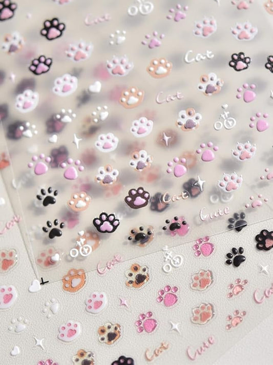 Cat Paws Nail Stickers 5D Embossed – Premium Salon-Quality Nail Charm Accessories, Easy Application & Self-Adhesive Cute Kitten Paw Cats Decal for DIY Manicure, Nail Art, Press on, Home or Salon Use
