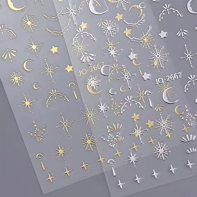 6 Sheets Star Nail Art Stickers 3D Self-Adhesive Pegatinas Uñas Silver Gold Nail Stickers Star Moon Nail Decals for Nail Art Design Decoration Accessories for Women Girls DIY