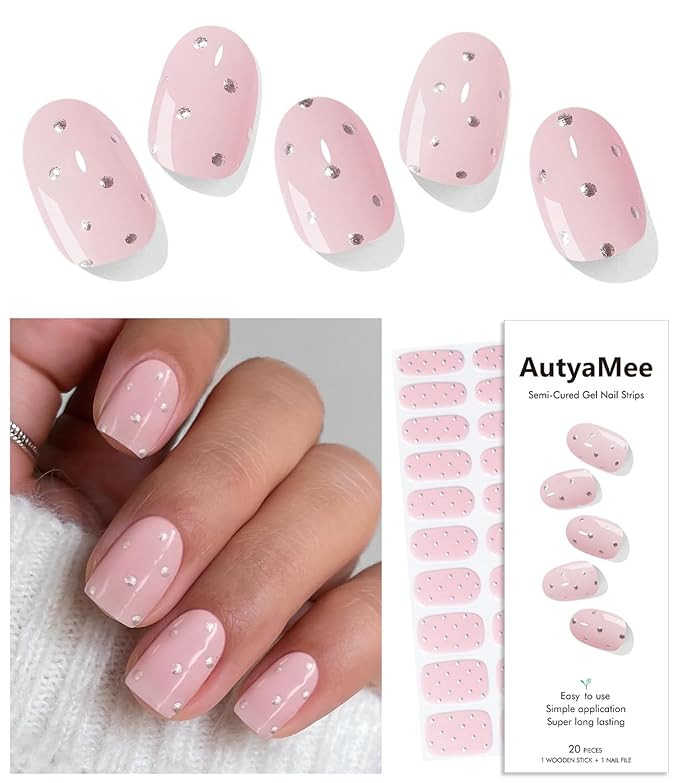 Semi Cured Gel Nail Strips (Pink Diamond), 20 Pcs Gel Nail Wraps, Stickers, UV Light Required, Salon Quality, Long Lasting