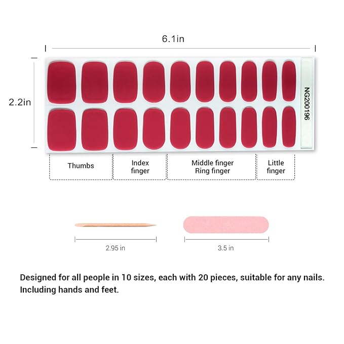 Semi Cured Gel Nail Strips, 20pcs Real Nail Polish Art Stickers, Red-C Gel Nail Stickers - Work with Any UV Lamp, Long Lasting Full Wraps with Nails File and Stick