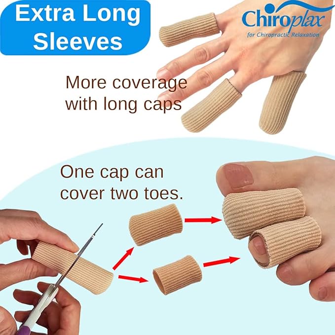 Chiroplax Toe Caps Sleeves Cushions Protectors Tubes Fabric & Gel Lining Finger Toe Separator for Bunion, Hammer Toe, Callus, Corn, Blister (Large, 5 Pack)