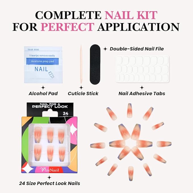 Perfect Look Press On Nails - Twilight Blush | No Glue One-Day Medium Coffin Nails, Peach Ombre with Purple French Edge - 24 Pcs Nail Kit with Adhesive Tabs