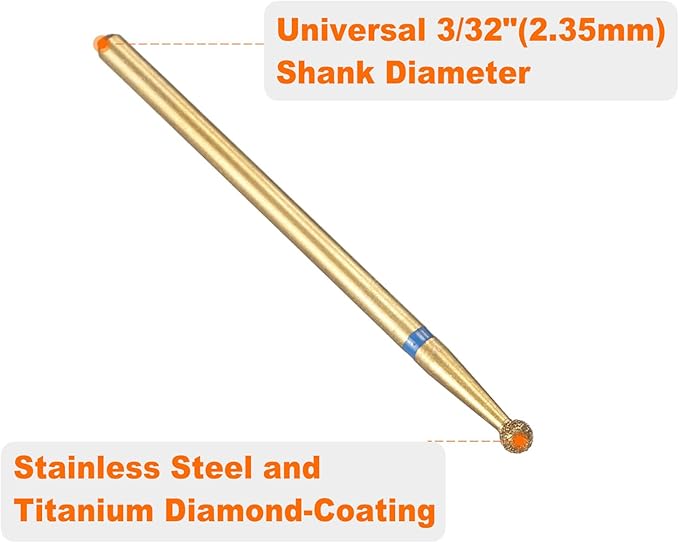 HARFINGTON 6pcs 120-140 Grits Diamond Grinding Bit 2.5mm Ball Head 2.35mm Shank 2.5mm Length Titanium Plated Stone Sanding Drill Bits Rotary Tool for Nails Grinding Polishing