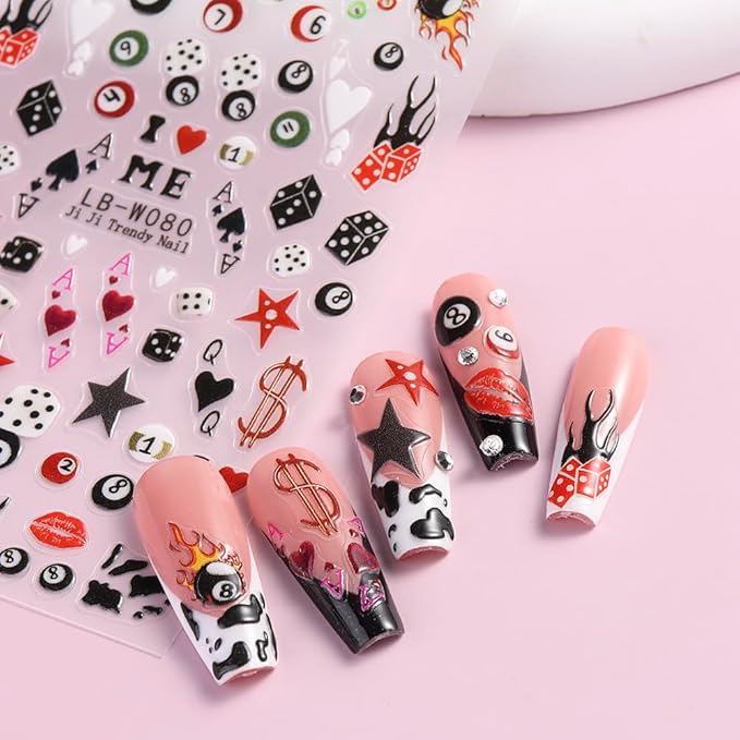 4 Sheets Pool & Dice Nail Art Stickers Decals, Cute Cartoon Style Dice Billiard Numbers Cherry Star Nail Art Design 5D Embossed Self-Adhesive Nail Decals Manicure Decorations for Women Girls