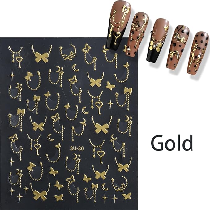 Silver Gold Bow Heart Nail Art Stickers, 6 Sheets 3D Self-Adhesive Nail Decals for Women and Girls, Nail Art Design Shiny Supplies Decoration Accessories