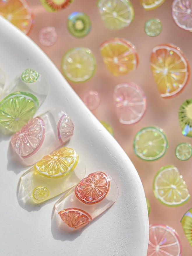 Lemonade Fresh Fruit Nail Stickers 5D Embossed – Premium Salon-Quality Nail Charm Accessories, Self-Adhesive & Easy to Apply Summer Vibe Decals for DIY Manicure, Nail Art, Press-Ons, Home or Salon Use