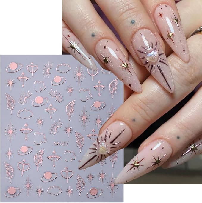 6 Sheets Star Nail Stickers for Nail Art, 3D Self-Adhesive Nail Decals, Moon Butterfly Nail Supplies Nail Art Design Accessories for Women Girls Manicure DIY Decoration