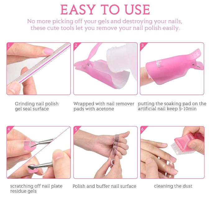 MORGLES Nail Polish Remover Clips, Gel Polish Remover Kit with 10 Pcs Nail Clips, 300 Pcs Cotton Pads, 100/180 File, Glass Shiner, Cuticle Pusher and Brush-Pink