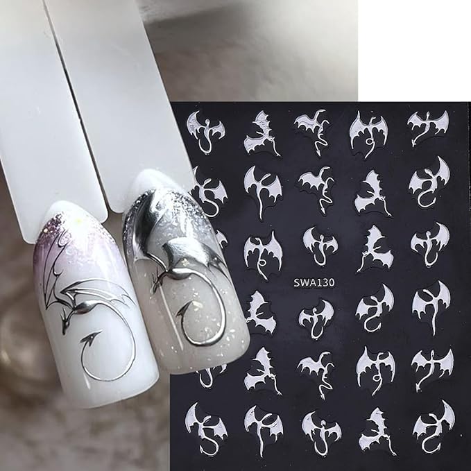 Dragon Nail Art Stickers 3D Metallic Flying Devil Bat Halloween Nail Decals 6PCS Golden Silvery Holographic Y2k Dragon Nail Stickers Sweet Punk Style DIY Halloween Nail Art Salon Decorations Supplies