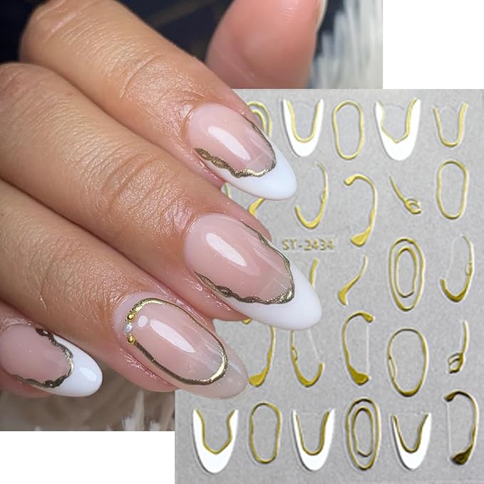 6Sheets Heart Nail Stickers French Tips Nail Art Stickers Letter Nail Decals Gold Black Bronzing Hollow Design 3D Self Adhesive Nail Sticker for Nail Art Decoration Salon Manicure Supplies for Women