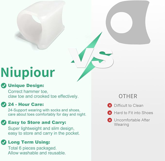 Niupiour Gel Hammer Toe Correctors - Bunion Corrector for Women and Men, 6 Pack of Silicone Toe Separators/Straighteners for Bent Toe, Toe Spacers for Correct Claw Toe, Curled Toe, Crooked Toe