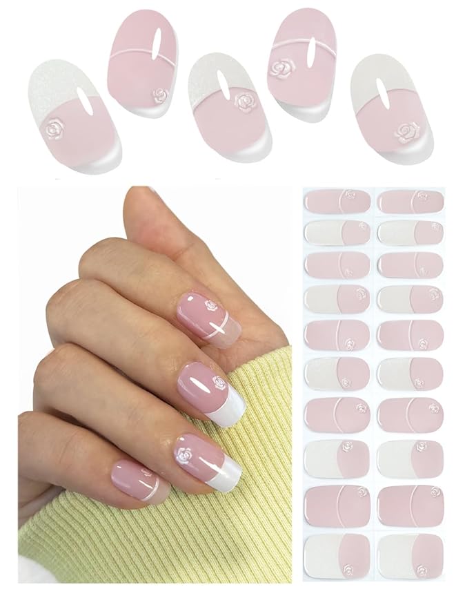 Semi Cured Gel Nail Strips, French, Rose, Easy to Use and Remove, 20pcs Gel Nails Sticker for Home Nails DIY