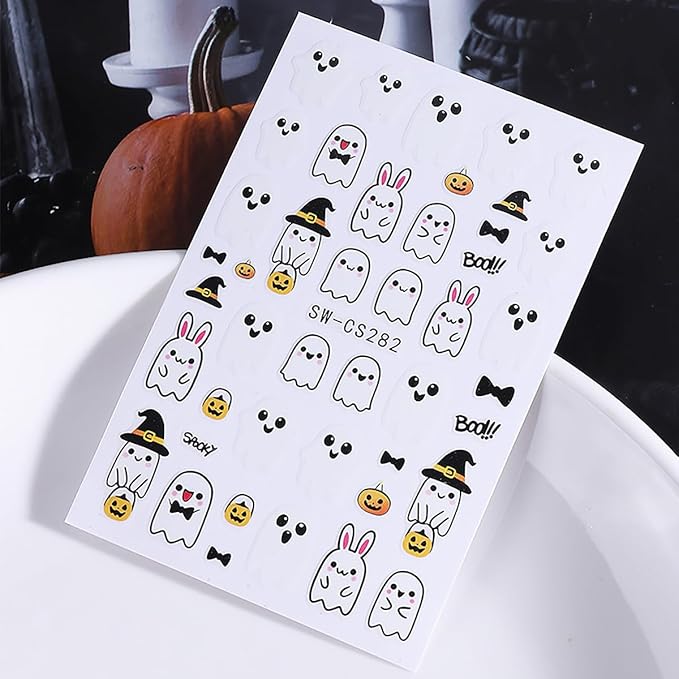 8 Sheets Halloween Nail Art Stickers Decals Cute Ghost Pumpkin Black Cat Bat Spider Web Design Nail Stickers Supply 3D Self-Adhesive Nail Decals for Halloween Party Nails Decoration DIY Manicure Tips
