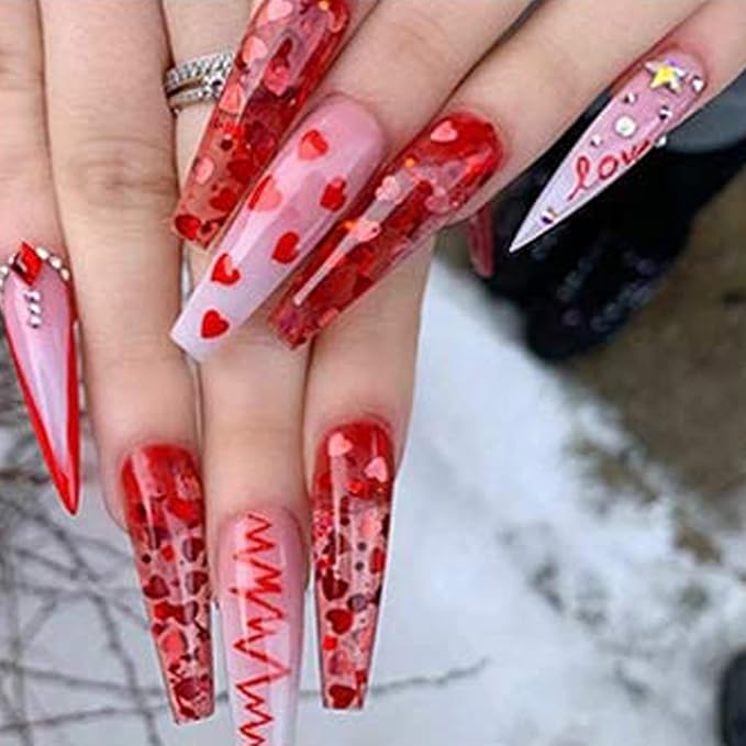 Love Heart Nail Art Glitter Sequins, 3D Laser Red Glitters Flakes Decor, Heart Nail Art Design Supplies for Women Manicure Decorations